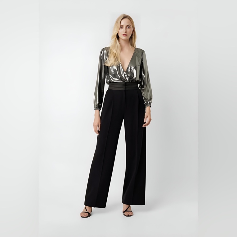 NEW French Connection Metallic Silver Deep V Neck Bodysuit